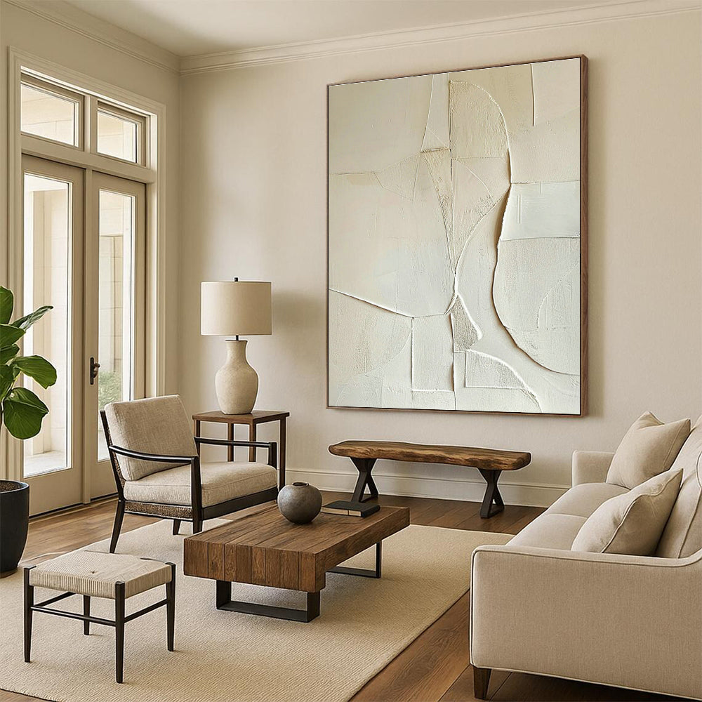 White Geometric Abstract Relief Art for Scandinavian Bedroom & Modern Art Gallery DLZ1321