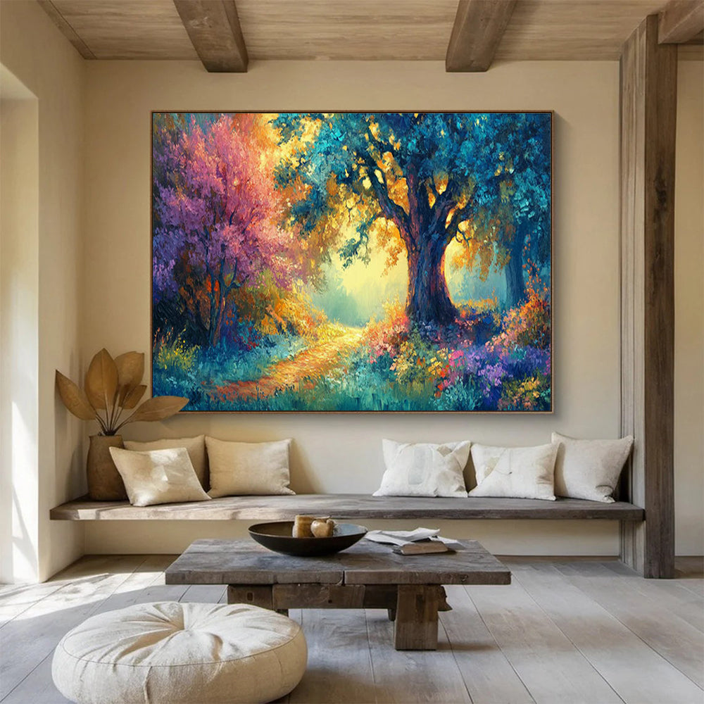 Enchanted Forest Path with Colorful Trees Art for Whimsical Children’s Playrooms DLZ3081