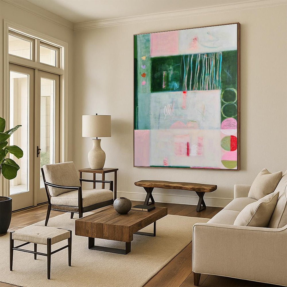 Pink - Green Geometric Art for Eco - Friendly Café Walls DLZ0145