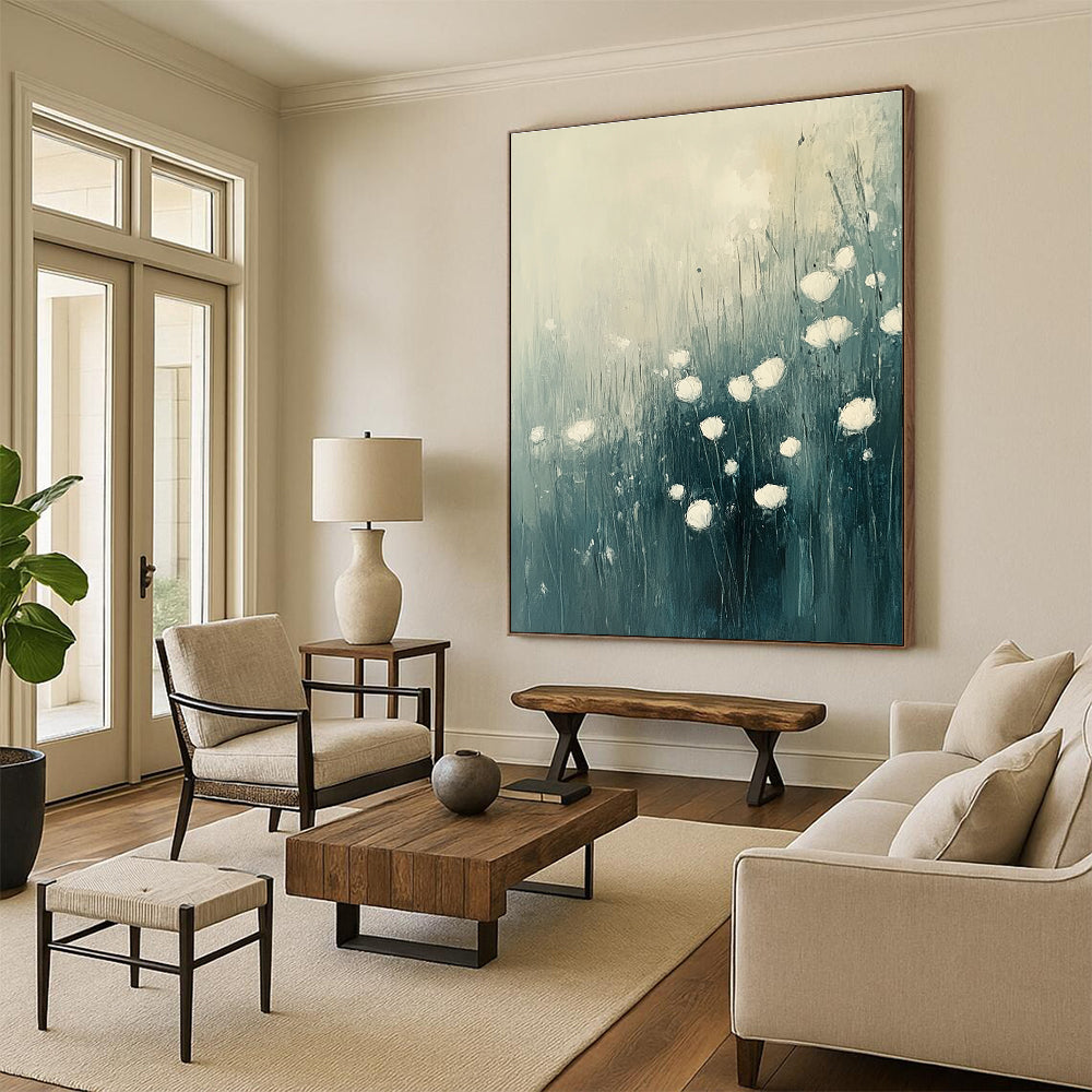 Abstract White Flowers in Field for Serene Spa Retreat & Minimalist Home Living Room STSC184