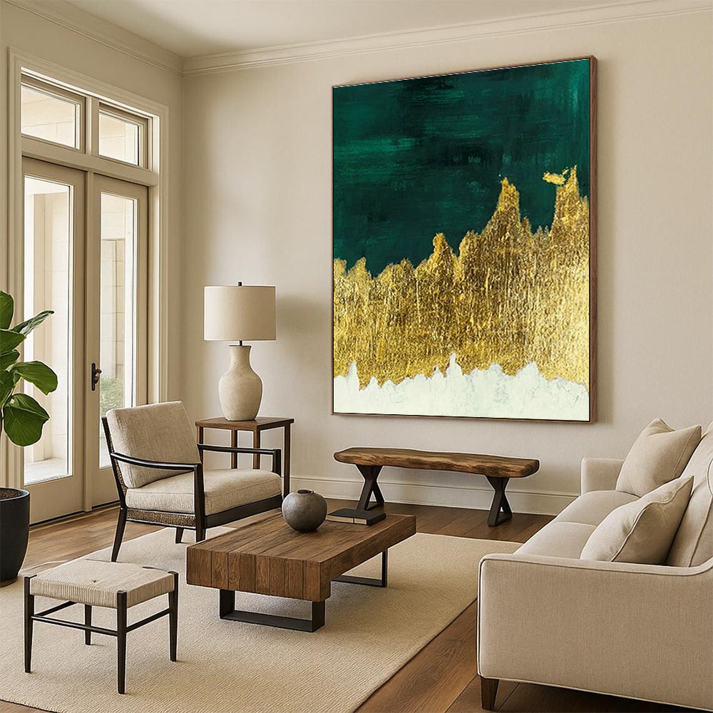 Dark Green & Gold Foil Abstract Art for Luxury Hotel Lobby & Art Deco Home DLZ1342
