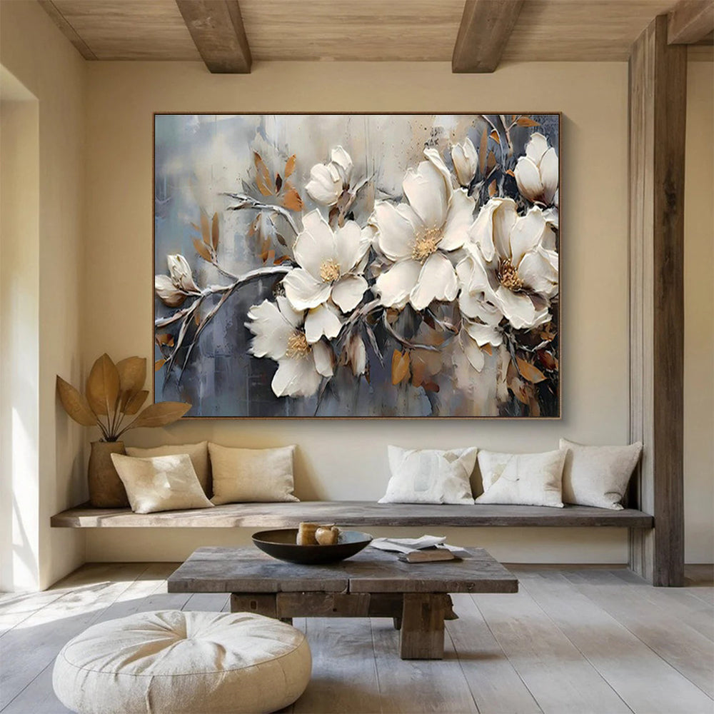 Impasto White Flower Branch Art for Elegant Hotel Lobbies DLZ3091