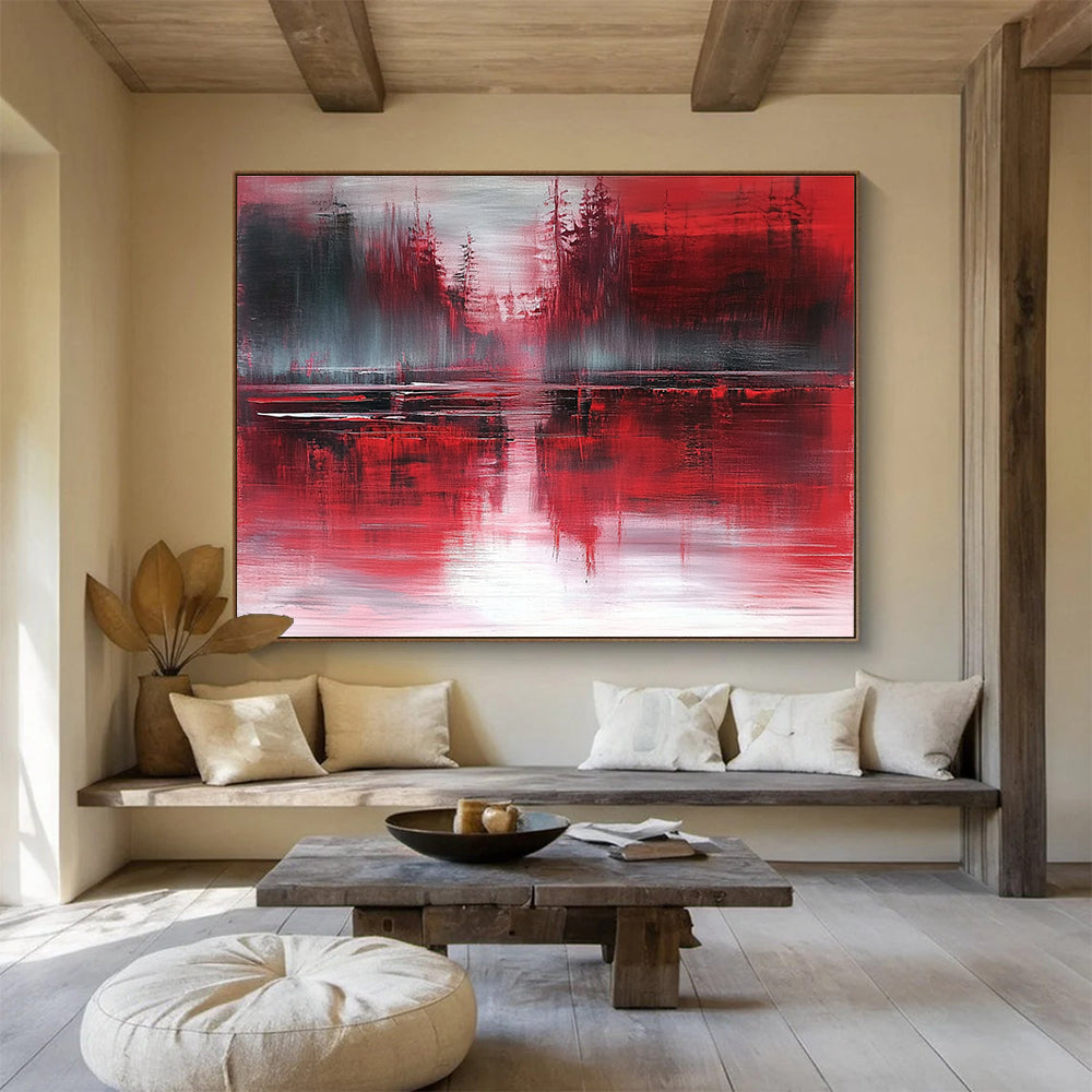 Red Forest Reflection Art for Rustic Cabin & Dark - Themed Bar SC155