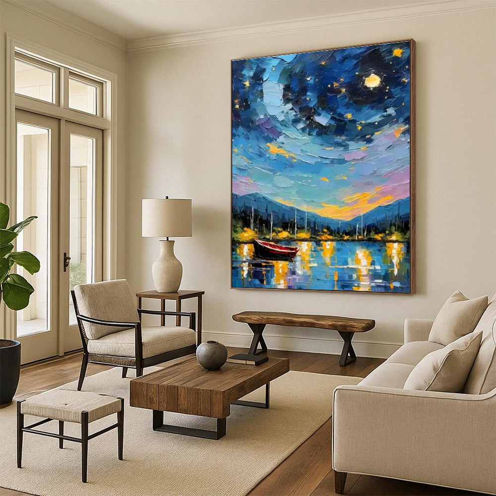 Starry Night Boat Scene Oil Art for Living Room & Cottages DLZ0302