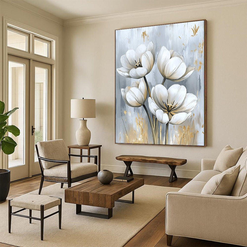 White Tulip Bouquet Classic Floral Art for Traditional Home & Refined Home Living Room STSC1478