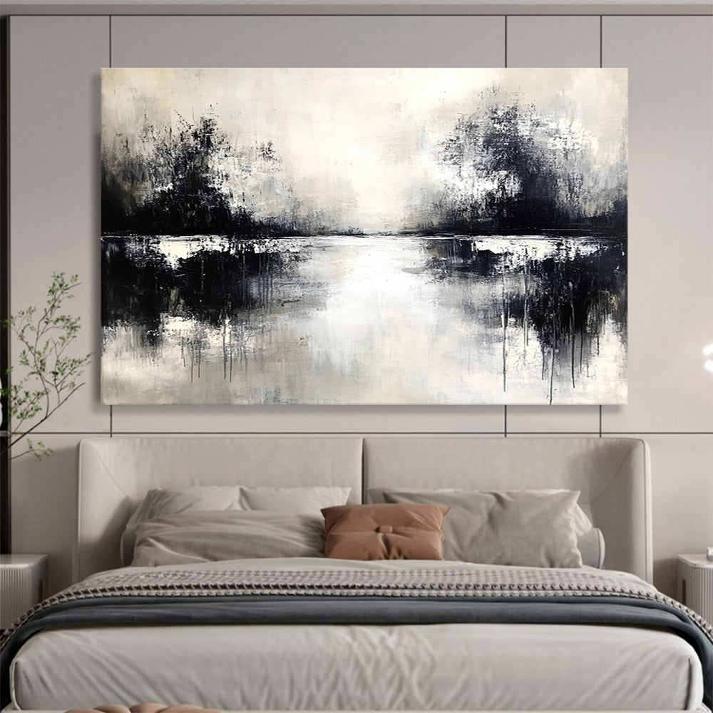 Monochrome Lake Reflection Art for Black - and - White Themed Café & Serene Spa SC056