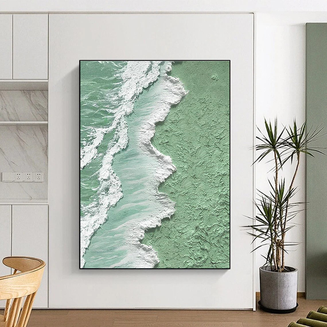 Green and White Textured Coastline Art for Beach House Decor & Eco - Friendly Art Space DLZ2205