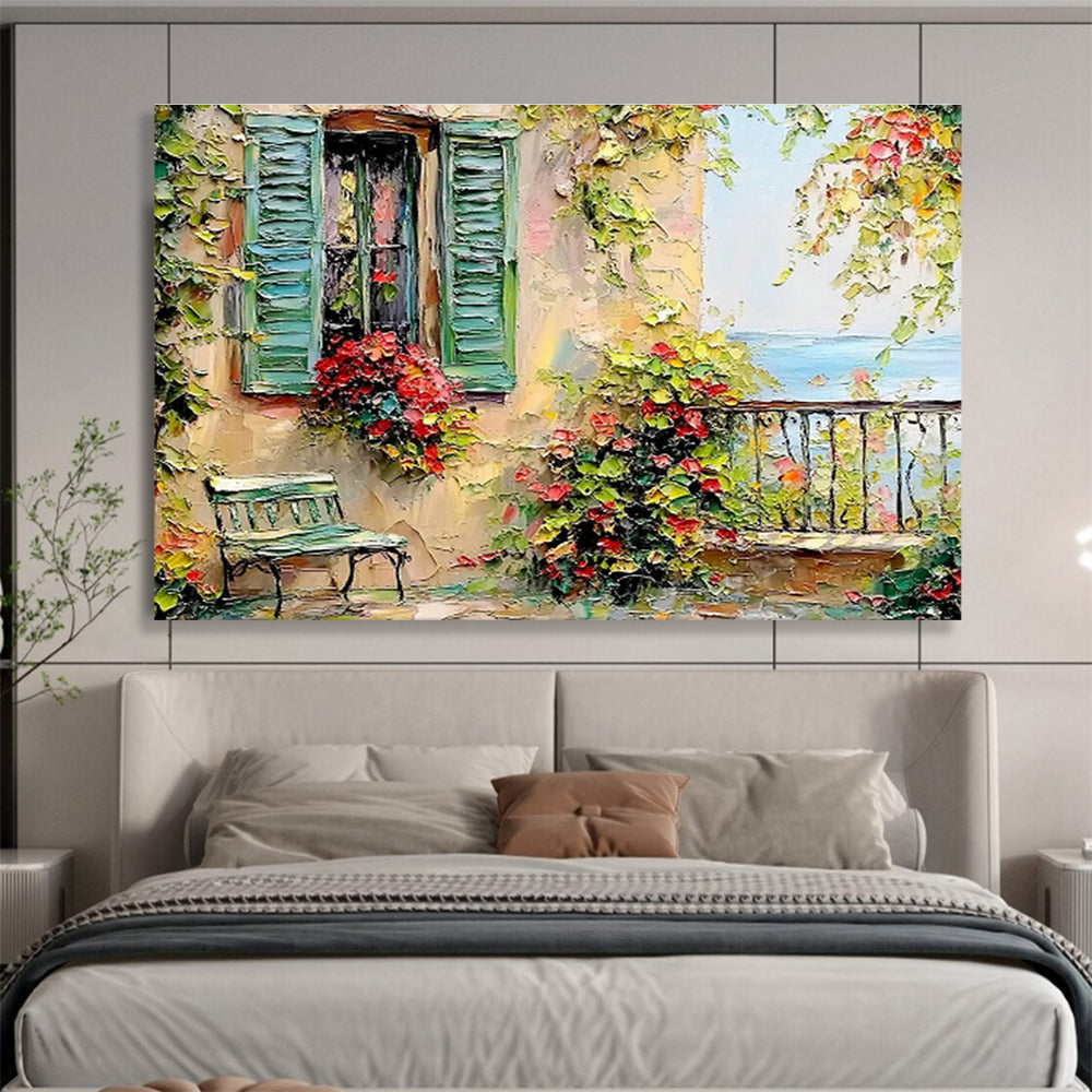 Coastal Cottage with Flower Boxes Art for Charming Nautical - Themed Cafés DLZ3076