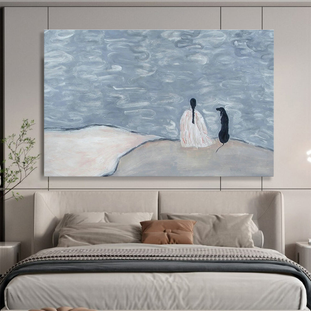 Figure and Dog by the Water Abstract Art for Serene Reading Nook DLZ2807