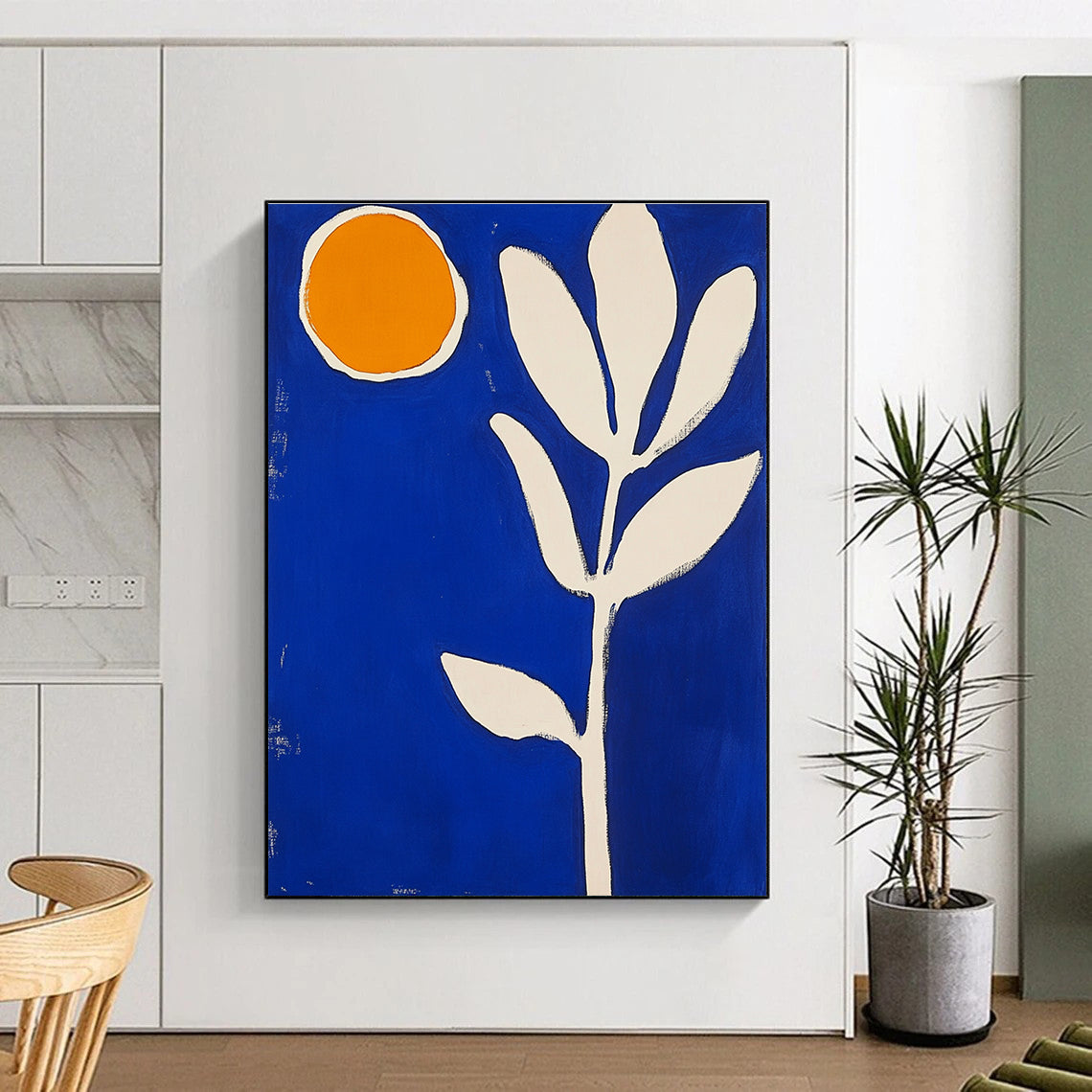 Blue Background with Orange Circle and White Leaf Art for Modern Bedroom & Eco - Friendly Store STSC1316