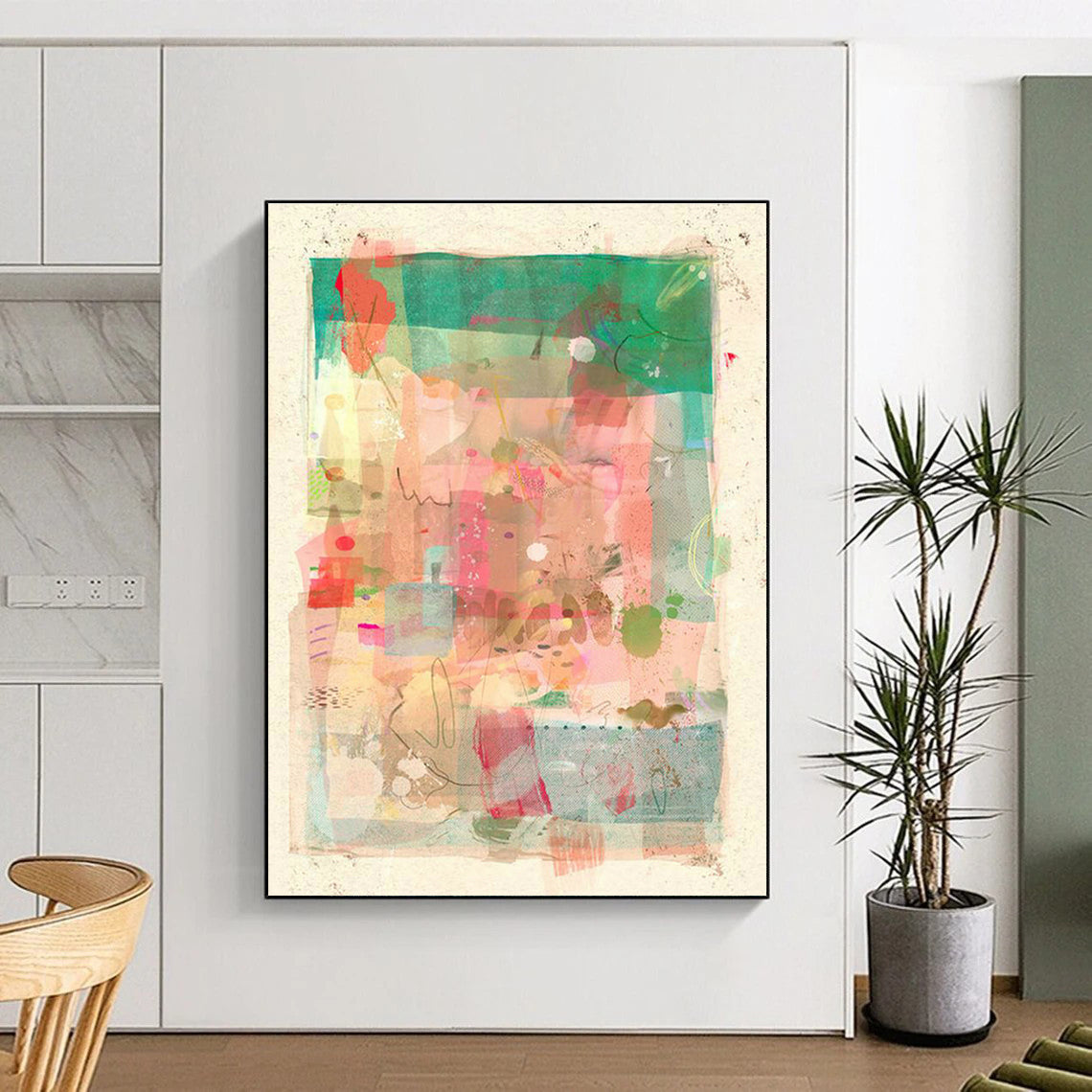 Pink - Green Collage Art for Boho - Chic Café Indoor Seating DLZ0171
