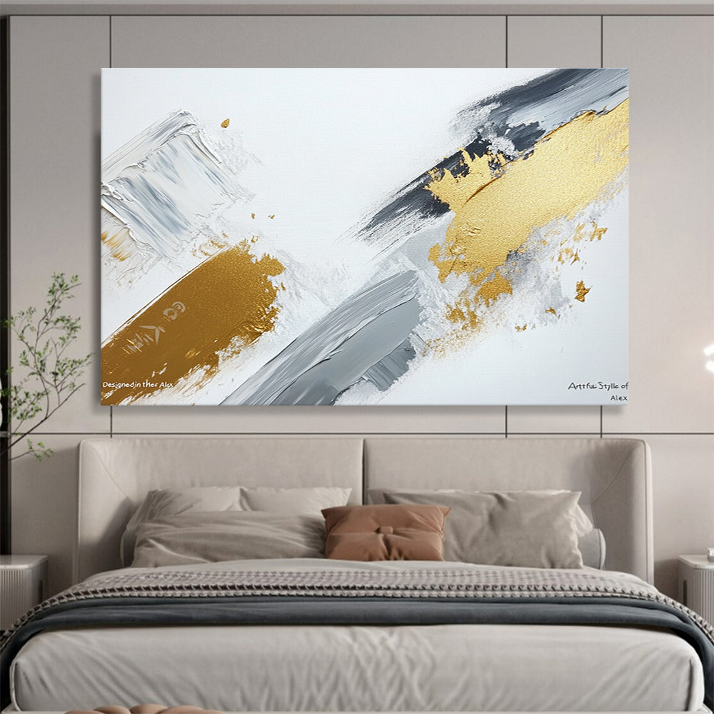 Gold, Gray and White Strokes Art for Chic Home Office & High - End Café Lounge SC293