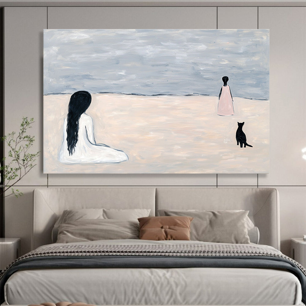 Figure and Cat on Beach Art for Coastal Home Bedroom & Intimate Reading Nook SC468