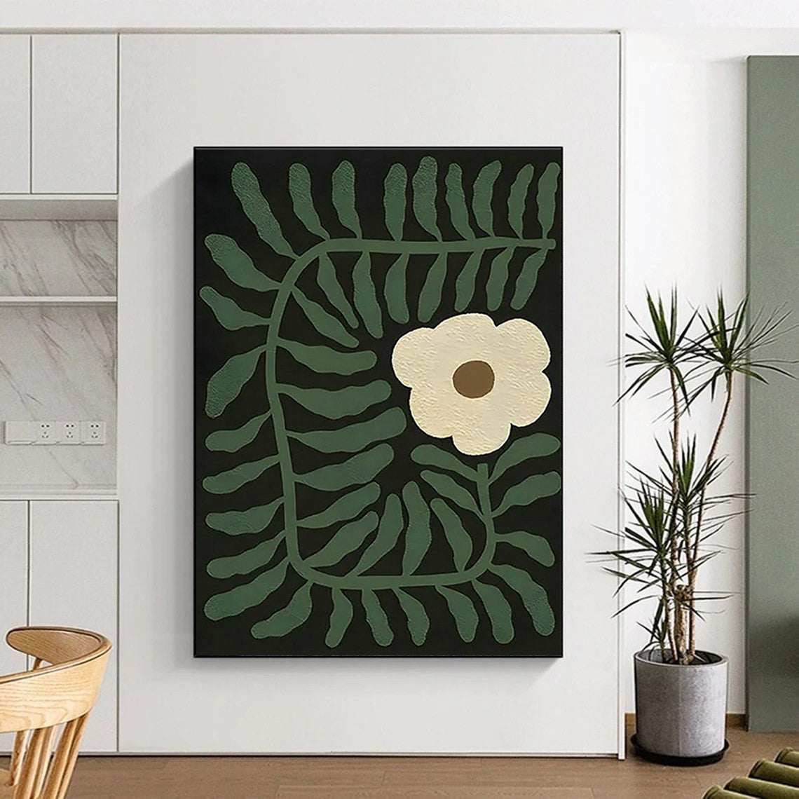 Black - Based Green Flower Abstract Art for Bohemian Home & Garden - Themed Restaurant DLZ1122