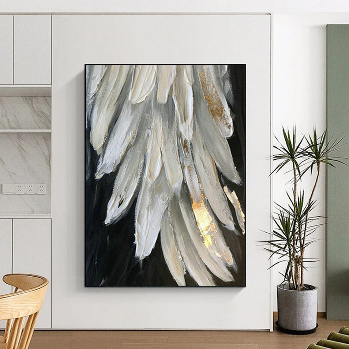 Gold - Accented White Feather Art for Bridal Suite & Luxury Bedroom DLZ0671