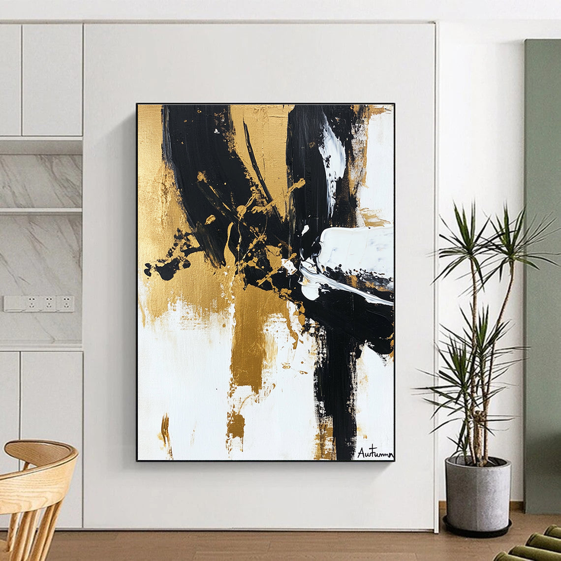 Black, Gold, and White Abstract Art for Luxury Home Dining Room & High - End Art Gallery STSC1066