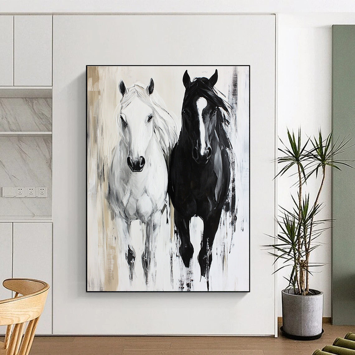Black and White Horses Dynamic Equine Art for Equestrian Club Lounge & Modern Home Hallway STSC1452