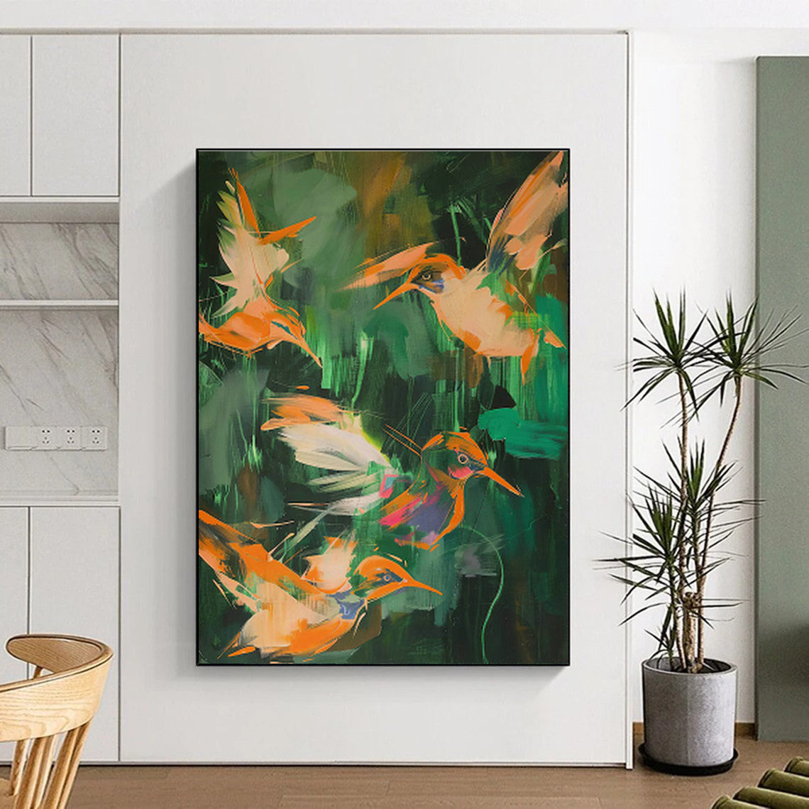 Orange Birds in Jungle Abstract Art for Tropical Resort & Nature - Lover’s Bedroom DLZ0681