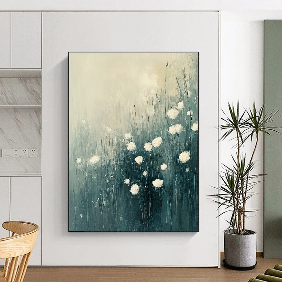 Abstract White Flowers in Field for Serene Spa Retreat & Minimalist Home Living Room STSC184