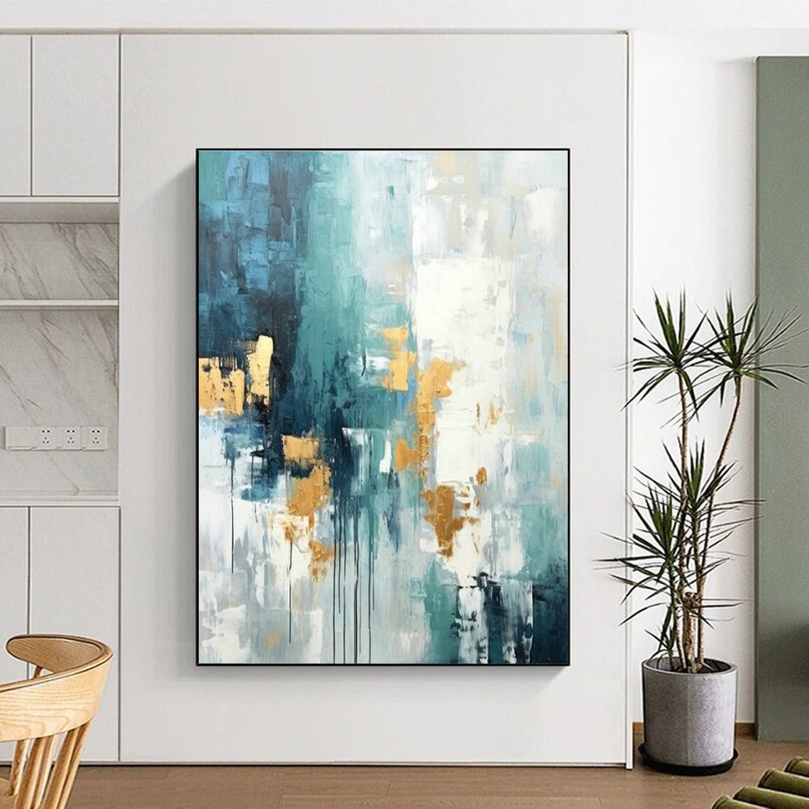 Blue - Gold Abstract Art for Coastal Luxury Home & High - End Art Lounge DLZ1936