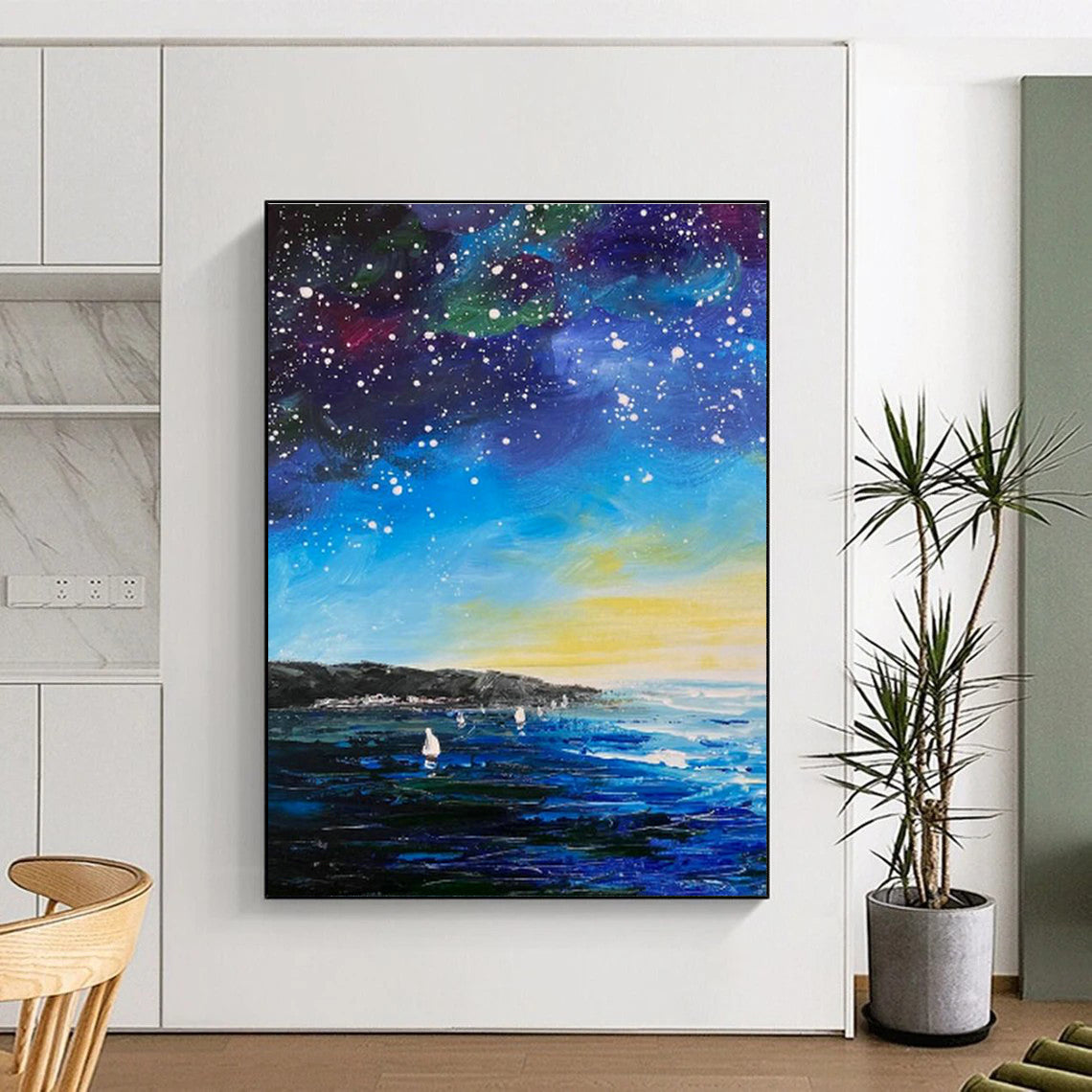 Starry Sea View Oil Painting for Bedroom & Cottage DLZ0346