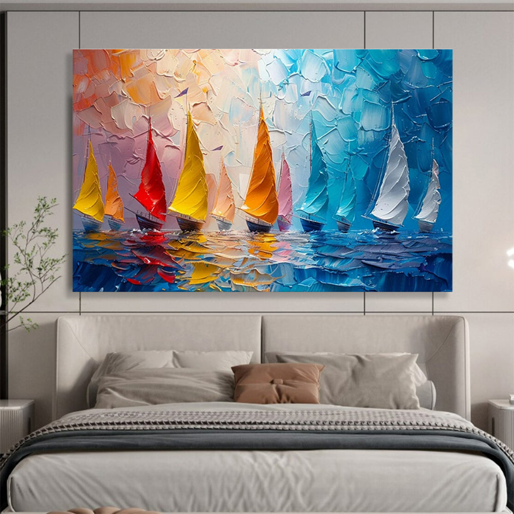 Colorful Sailboats Palette Knife Art for Nautical - Themed Yacht Club Dining Rooms DLZ3184