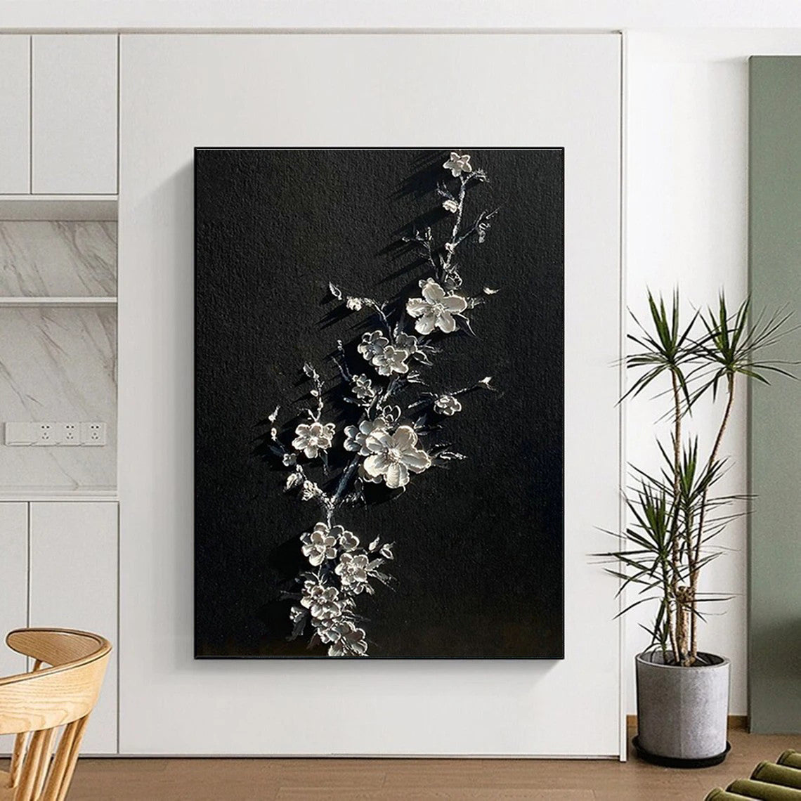 Silver Blossom on Black Art for Elegant Bedroom & Asian - Inspired Lounge DLZ2243