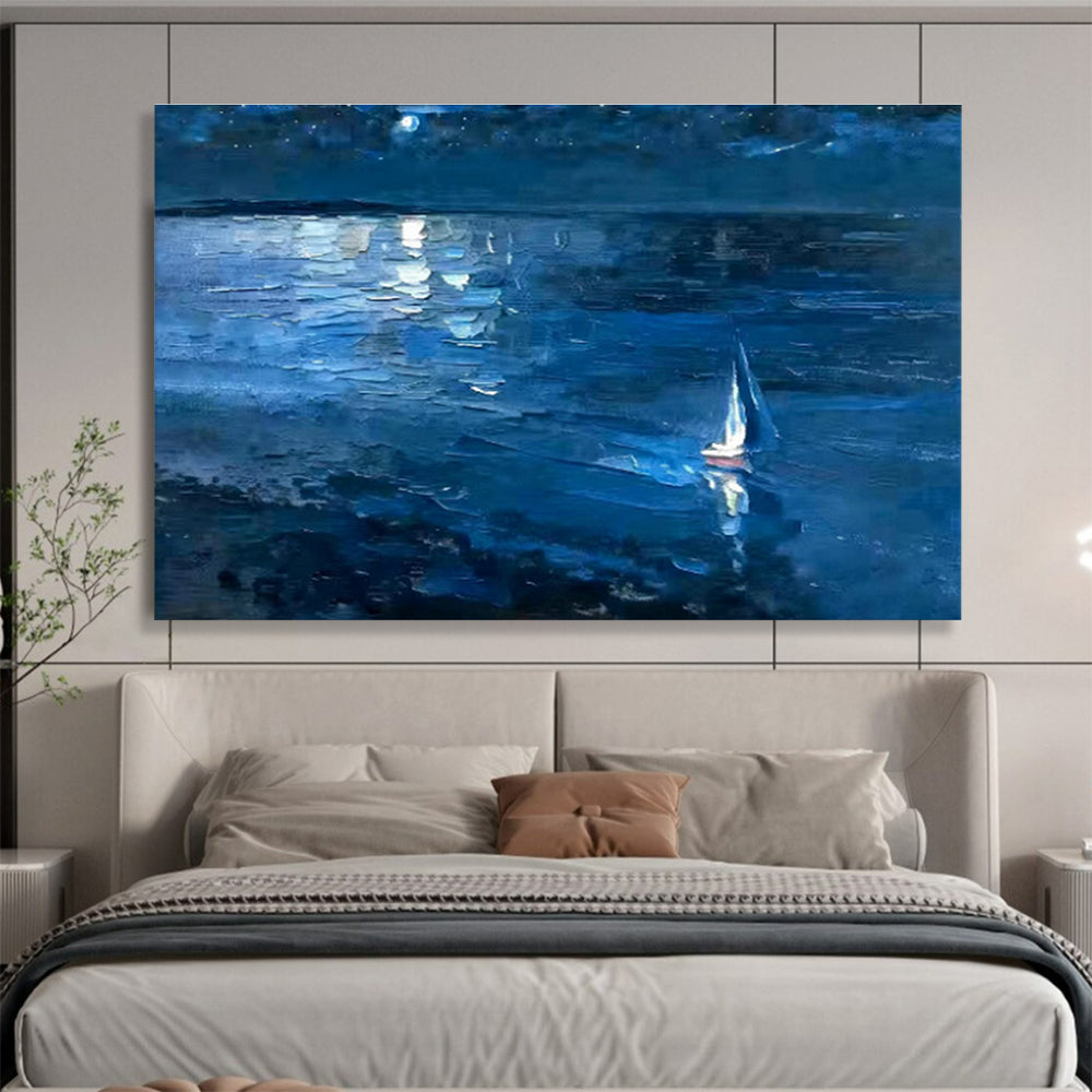 Moonlit Sea View Oil Painting for Coastal - Themed Living Rooms DLZ2484