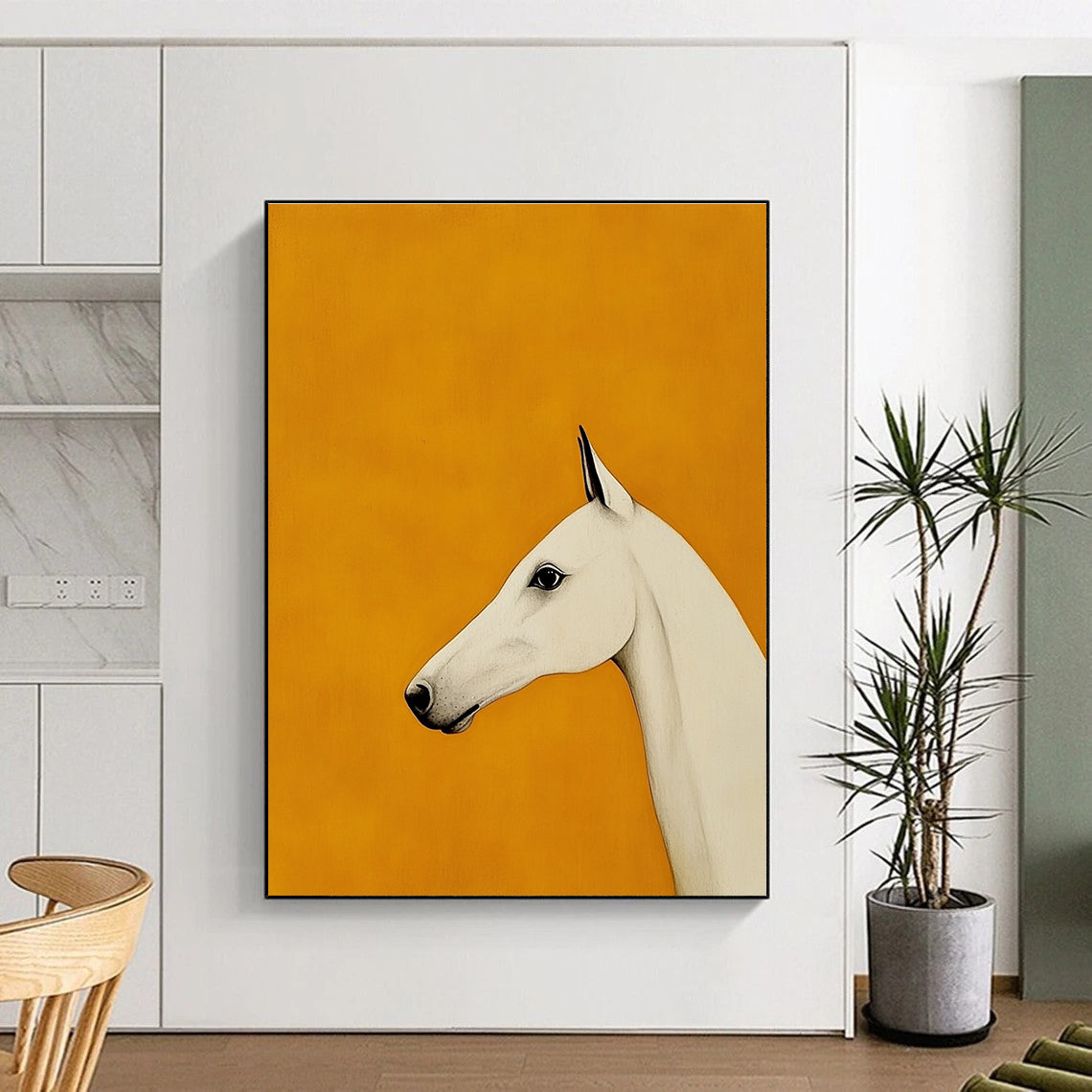 White Horse on Orange Background Art for Equestrian Home Hallway & Modern Art Studio STSC1063