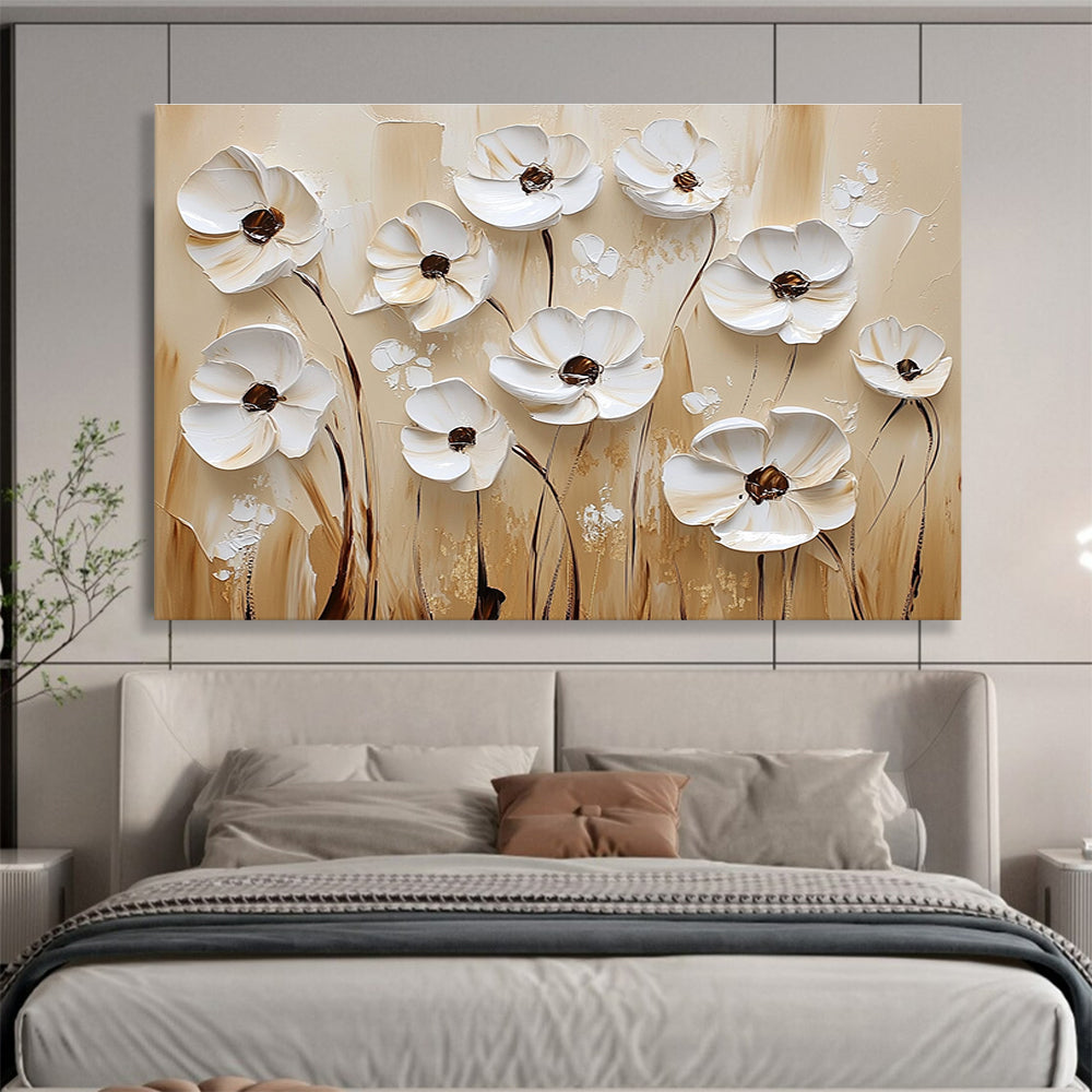 White Flowers on Beige Art for Minimalist Bedroom & Art Gallery SC003