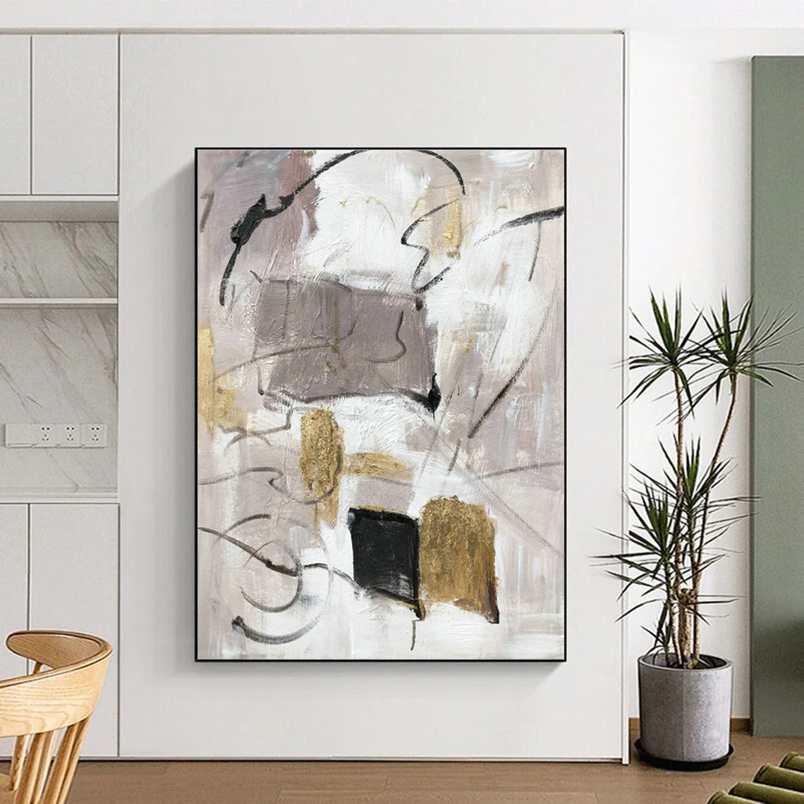 Gray - Gold Abstract Painting for Modern Minimalist Office & Luxury Hotel Suite DLZ1292
