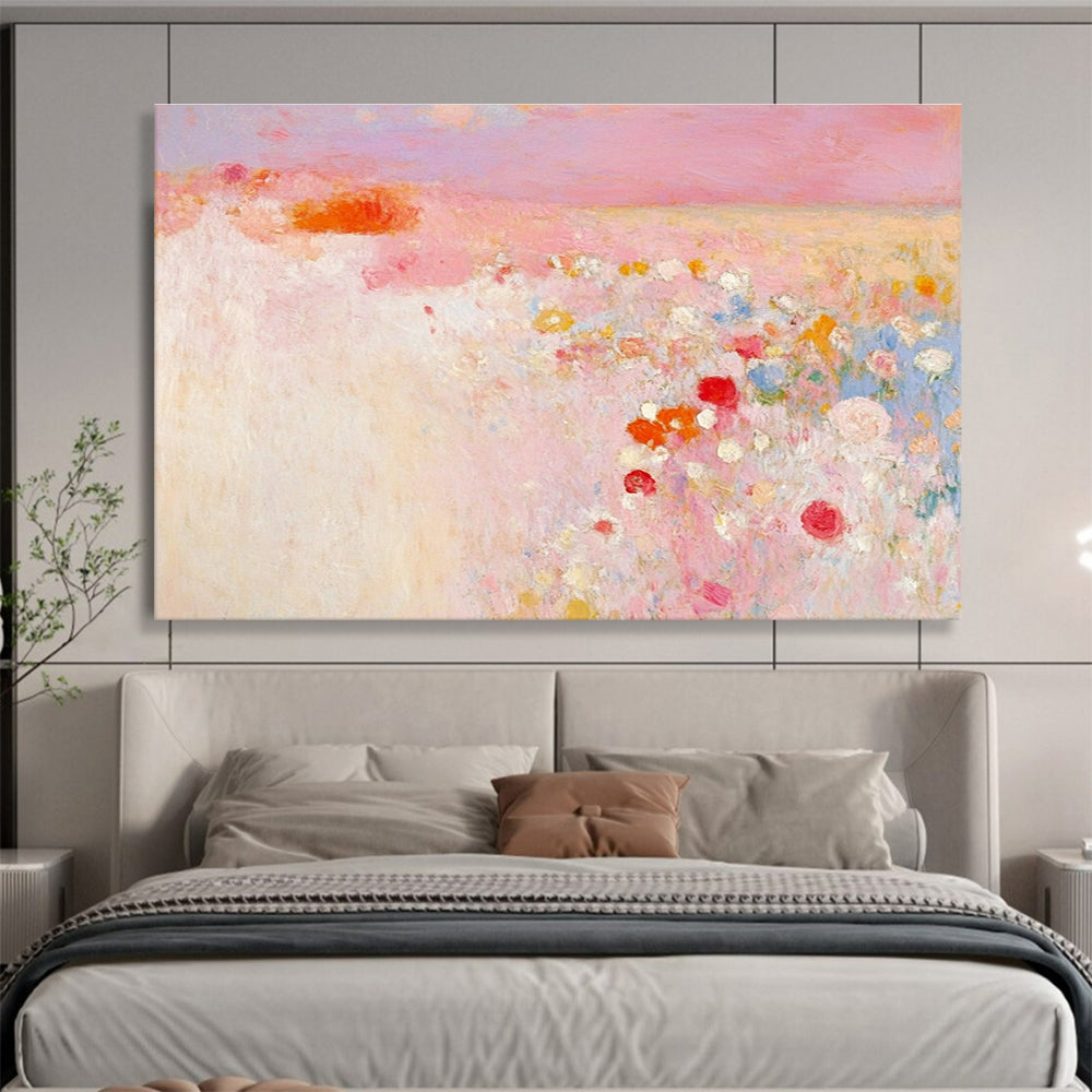 Pink Flower Field Abstract Art for Romantic Wedding Venue & Feminine Bedroom SC350