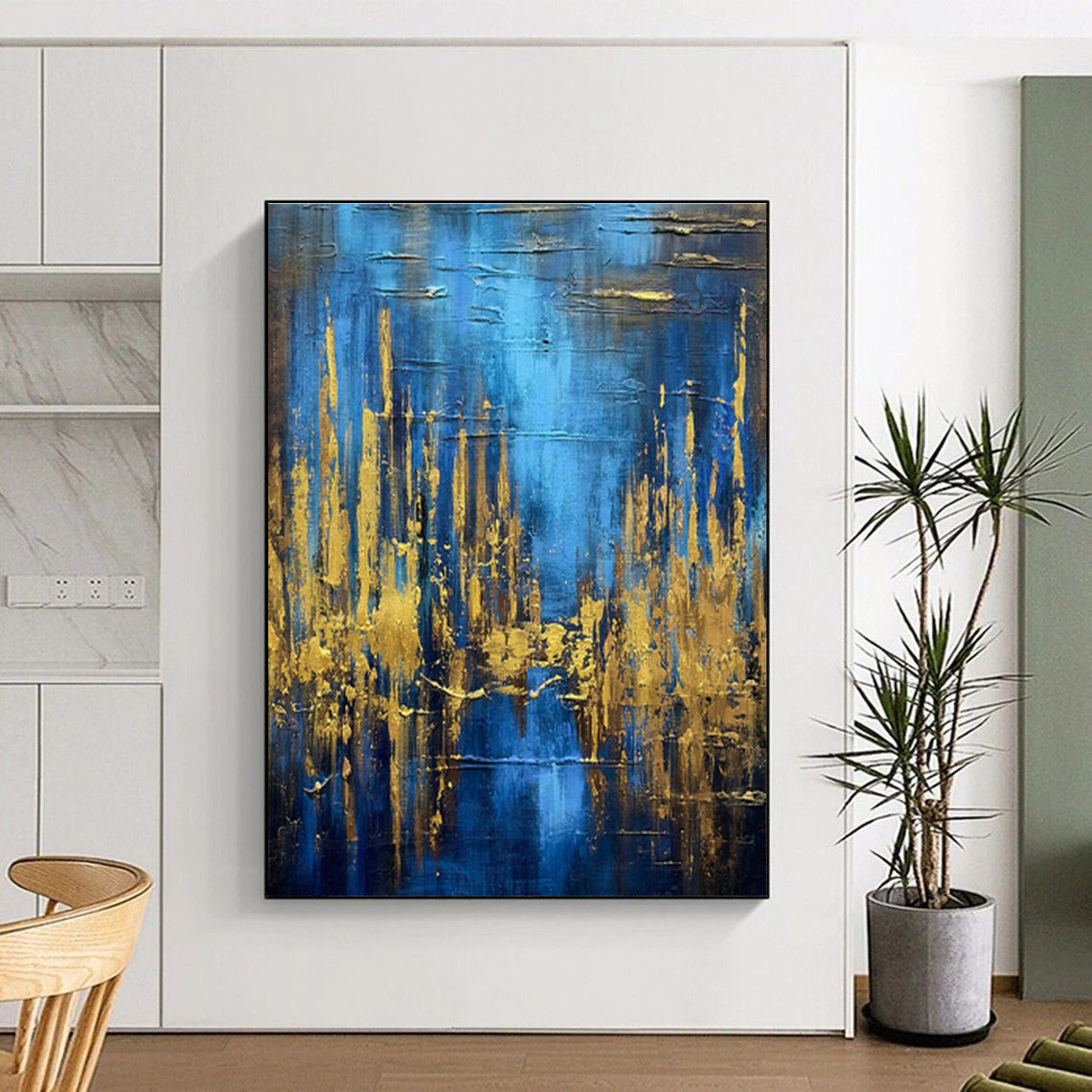 Blue and Gold Vertical Lines Art for Contemporary Office & Chic Boutique DLZ0743