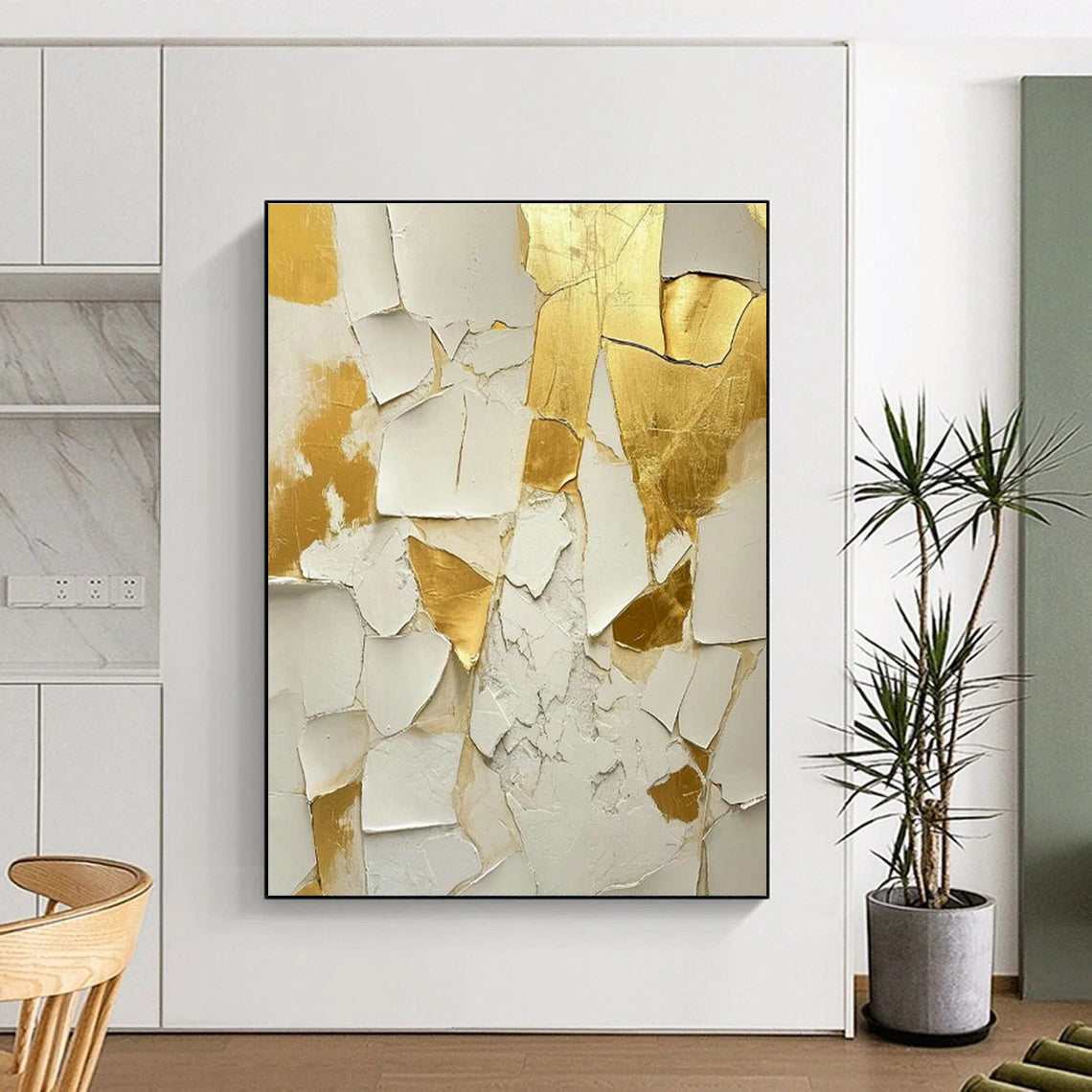 White - Gold Cracked Art for Entryway & Living Room DLZ0328