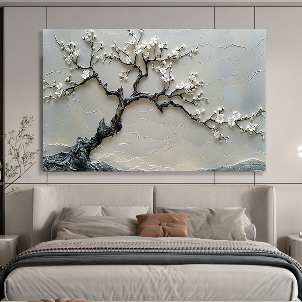 Textured White Blossom Tree Relief Art for Zen - Inspired Entryways DLZ3079