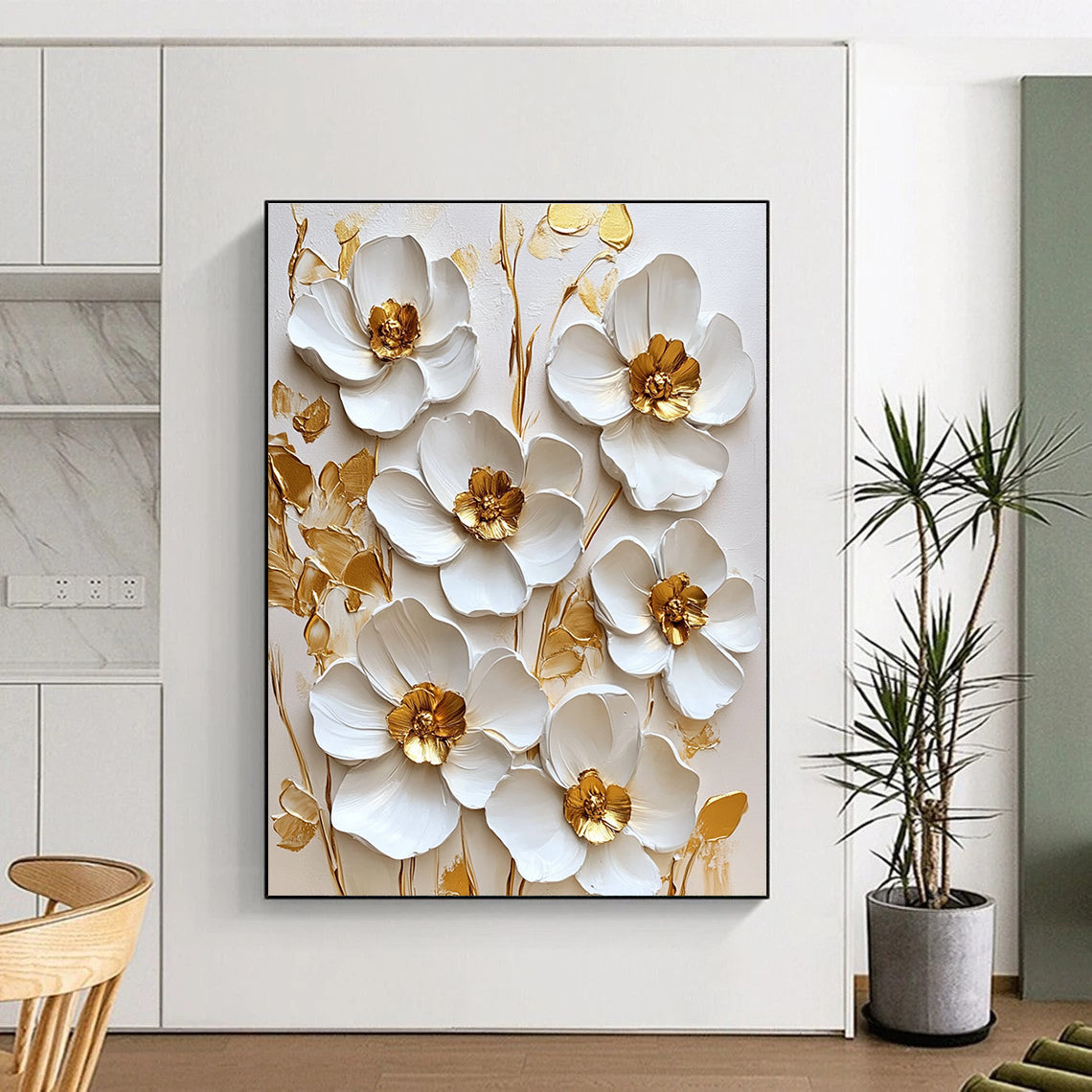 3D White Flowers with Gold Centers Textured Floral Art for Bohemian - Style Living Room & High - End Home Spa STSC1481