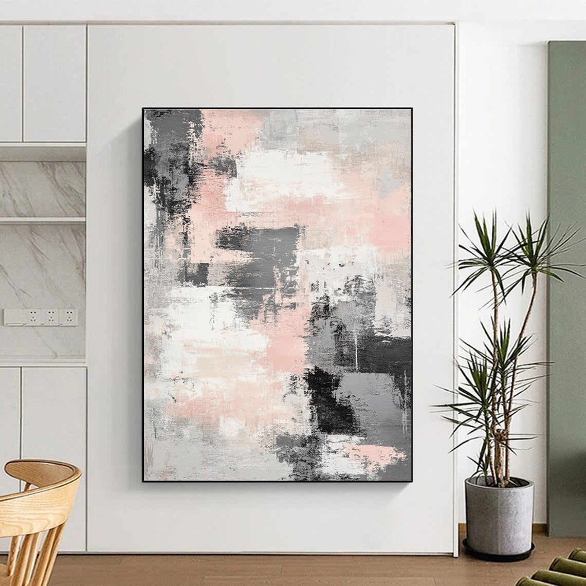 Pink - Gray Abstract Brushstrokes Art for Boutique Hotel Room & Feminine - Themed Lounge STSC133