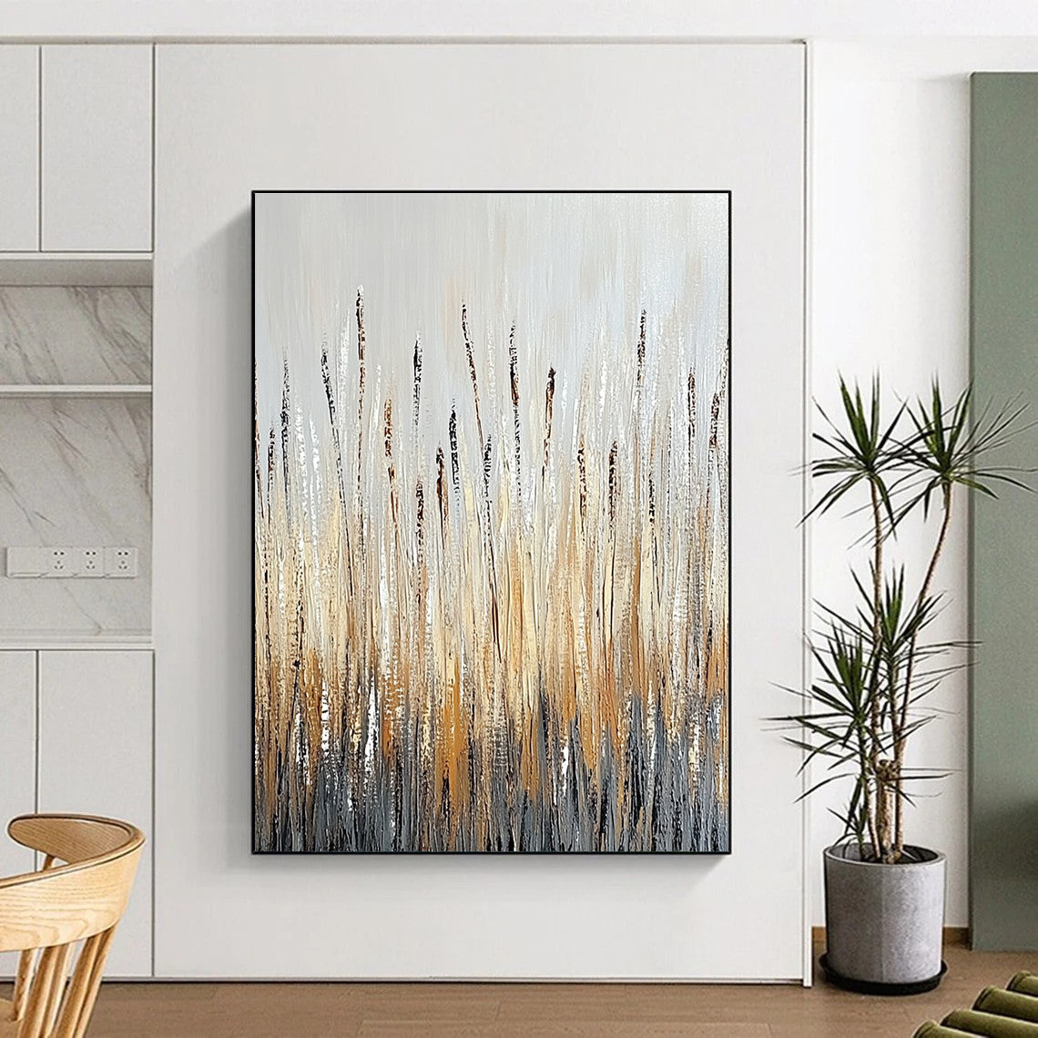 Silver and Gold Reed Abstract for Contemporary Lakeside Home & Sophisticated Dining Room STSC337