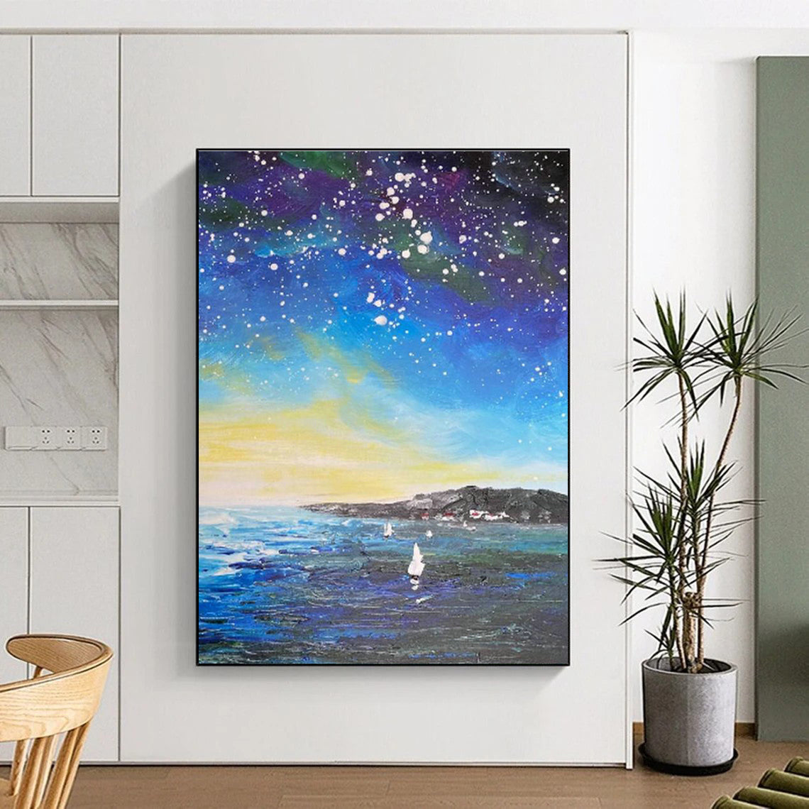 Starry Night Sea Oil Painting for Living Room & Cottage DLZ0347