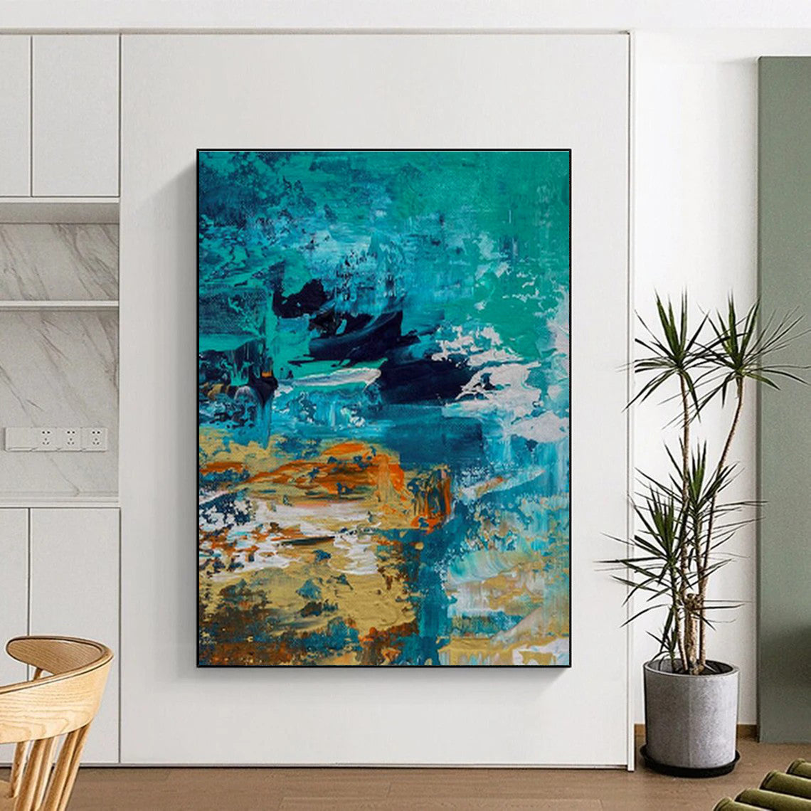 Blue - Orange Abstract Art for Coastal Home Living Room Walls DLZ0035