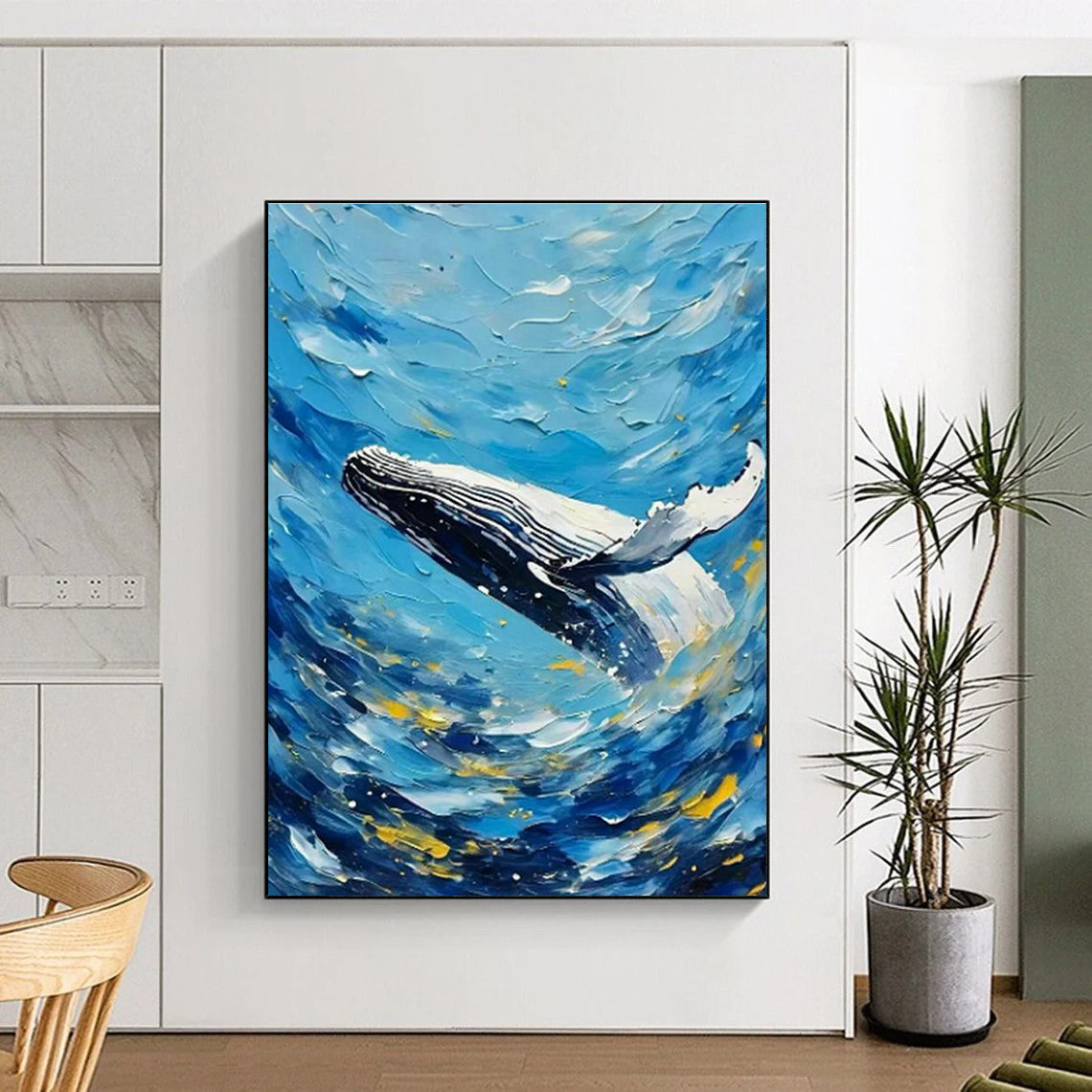 Blue Sea Whale Oil Art for Coastal Home Living Rooms & Beach House Guest Suites DLZ0292