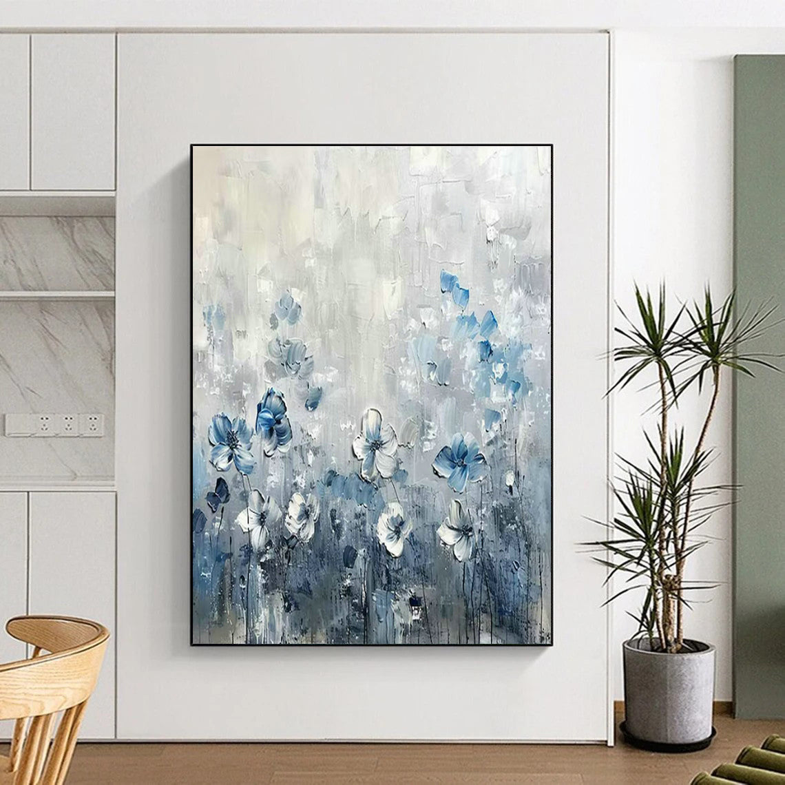 Blue and White Flower Oil Painting for Romantic Bedroom & Floral - Themed Café DLZ1988