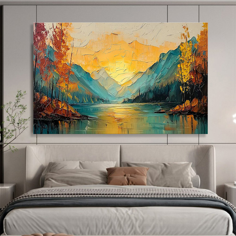 Textured Mountain & Lake Sunset Art for Adventure Lodge Communal Spaces DLZ3245