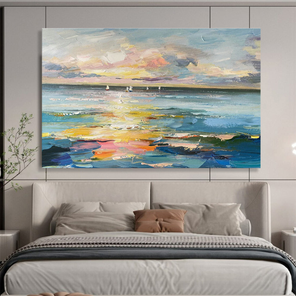 Sea View with Sailboats Oil Painting for Nautical - Themed Living Rooms DLZ2499