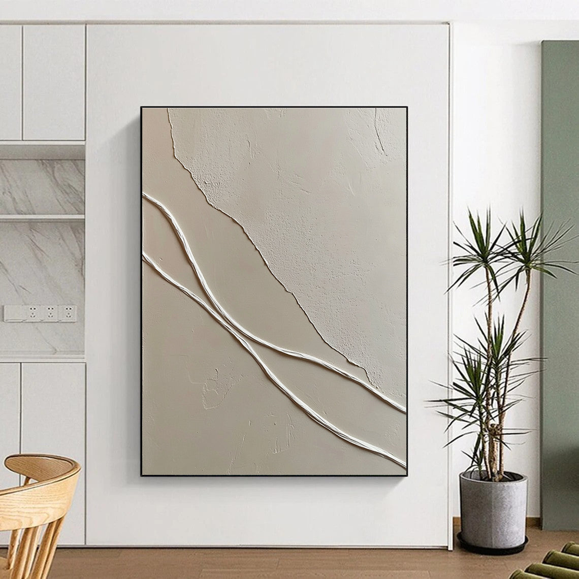 Minimalist White Lines on Beige for Scandinavian - Style Living Room & Contemporary Art Gallery STSC941