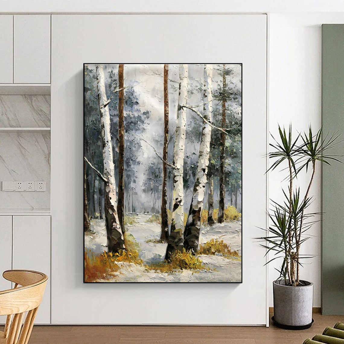 Birch Forest in Snow Oil Painting for Nordic - Style Home & Ski Resort Lobby DLZ1283