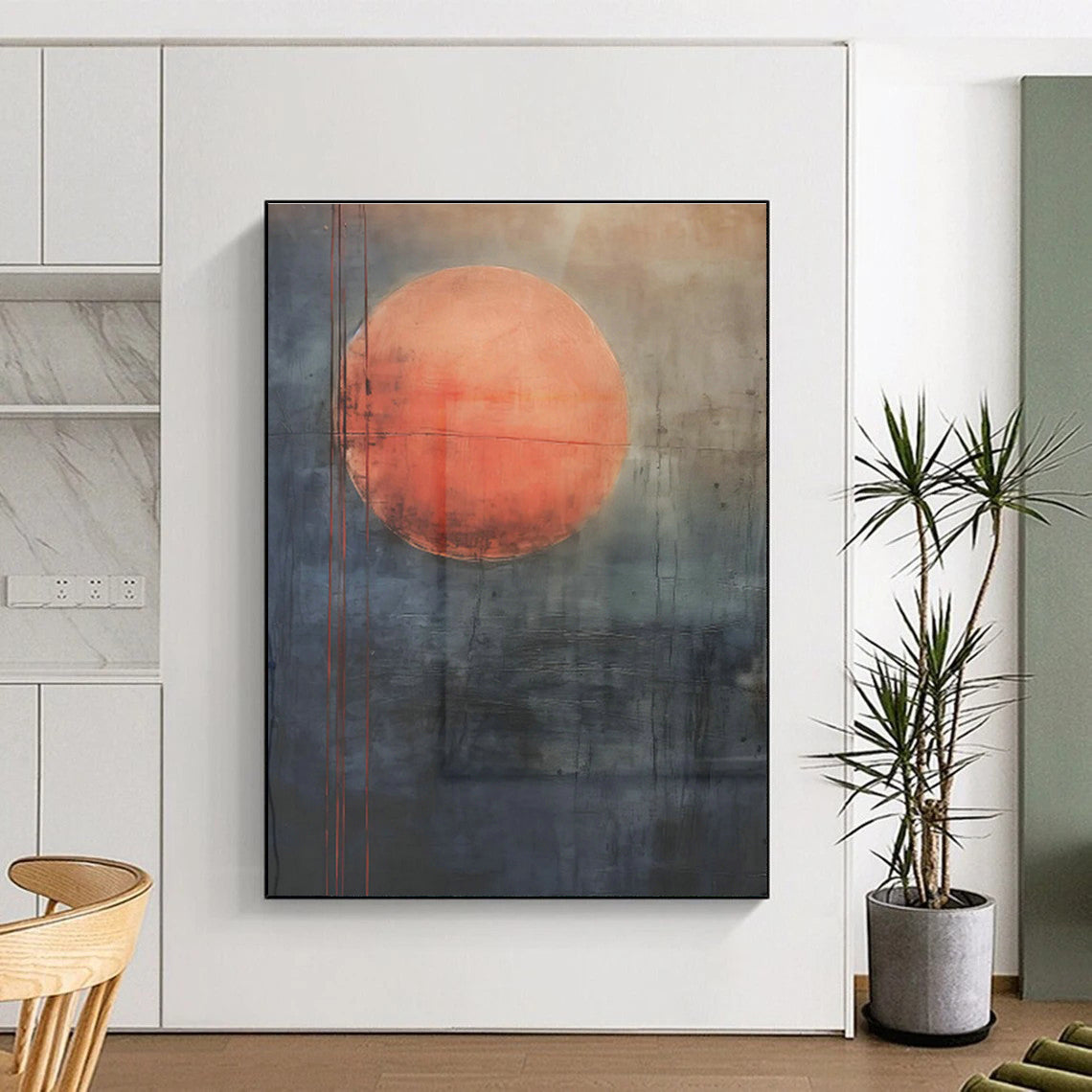 Red Moon on Gray Abstract Art for Bohemian - Inspired Lounge & Mystical Bookstore DLZ0747