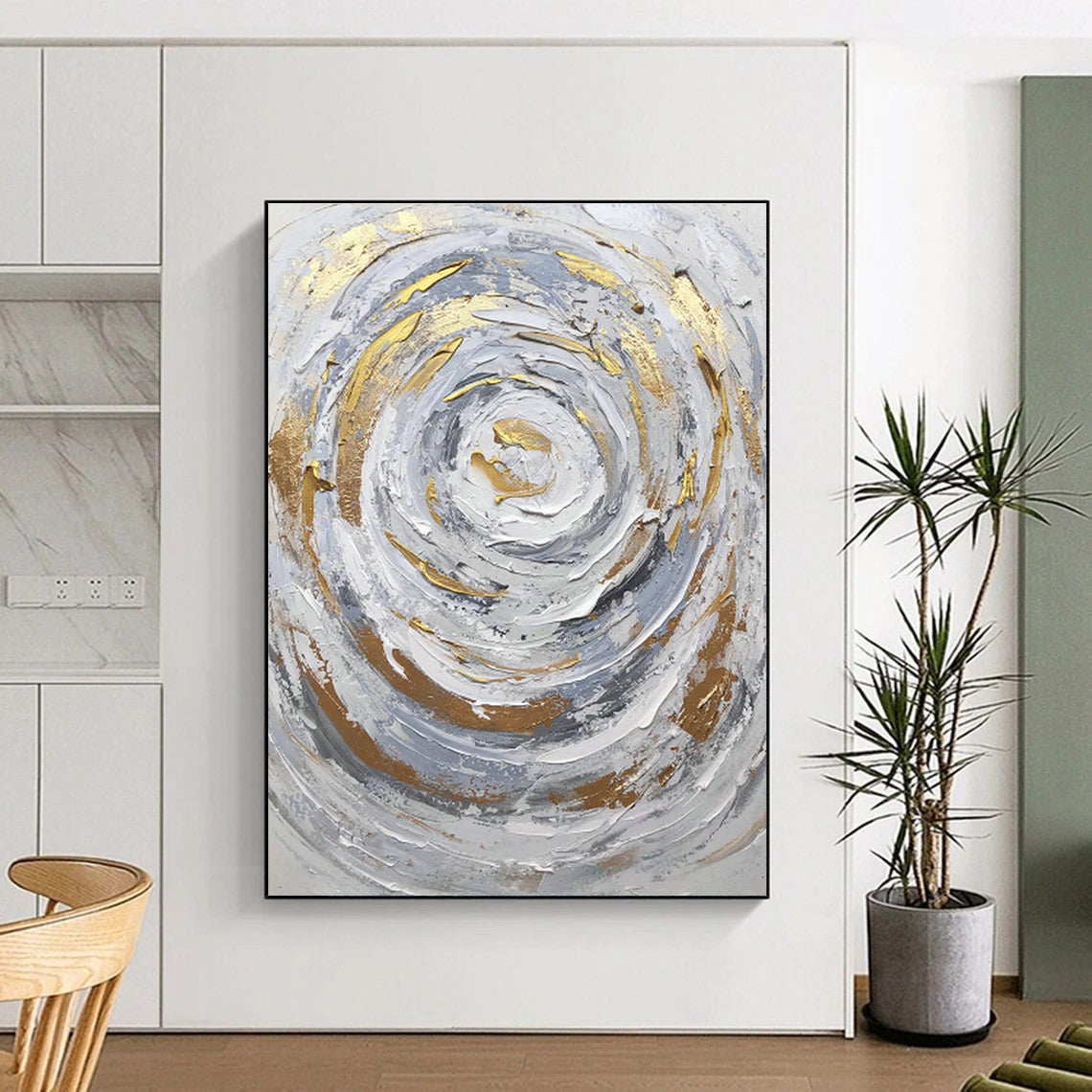 Silver - Gold Swirl Abstract Painting for Art Deco Living Room & High - End Spa DLZ1293