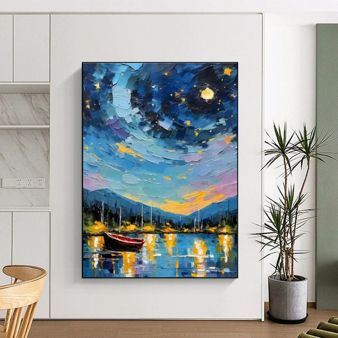 Starry Night Boat Scene Oil Art for Living Room & Cottages DLZ0302