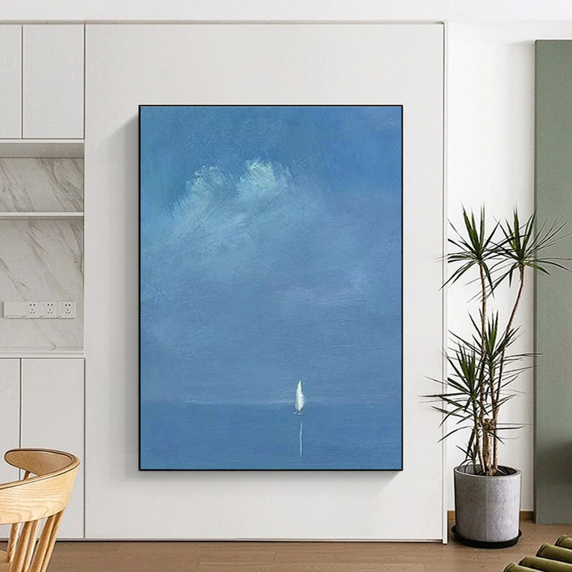 Solitary Sailboat on Blue Sea Art for Nautical Study Spaces DLZ0284
